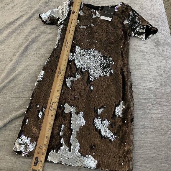 NWT TOPSHOP sequin Mini Party Dress Short sleeve Bronze Silver Metallic Size 2 - Picture 6 of 14